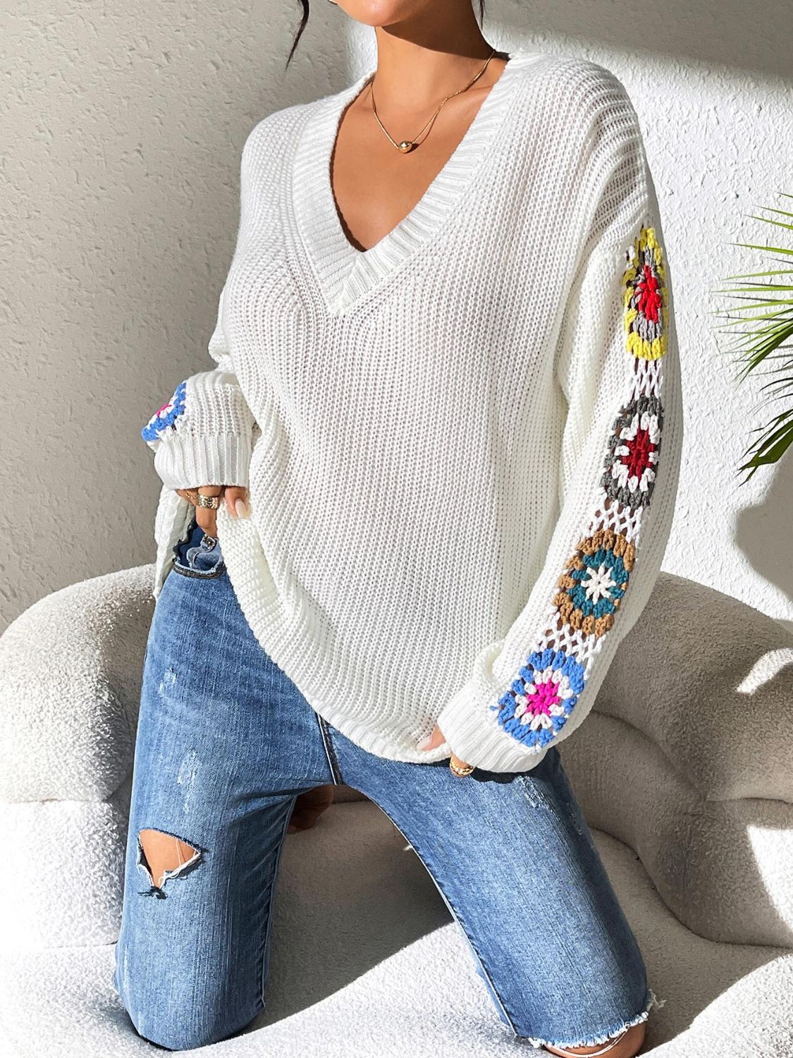 Crochet Flower V-Neck Sweater